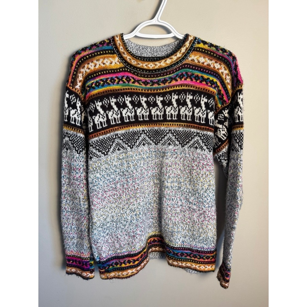 Womens Multicolor Fair Isle Llama Sweater S Boho Nordic Winter Cozy Cottagecore
